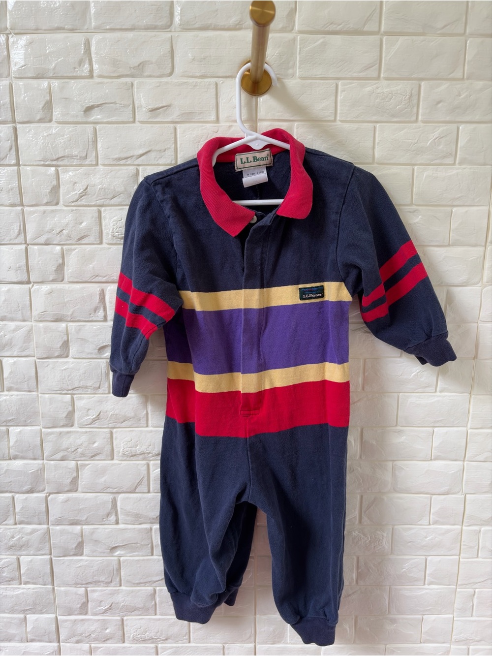 Vintage L.L. Bean Navy & Red Striped Baby One-Piece